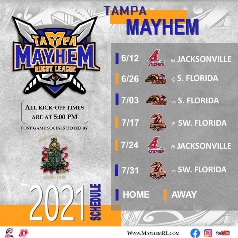 The 2021 Tampa Mayhem Rugby League Schedule