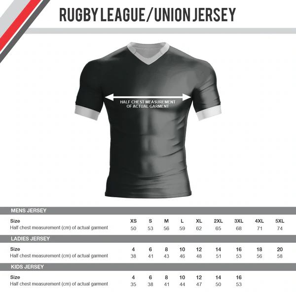 Rugby League Union sizing chart